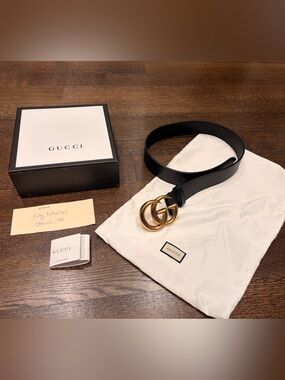 Gucci Black Leather Double G Buckle Belt with Gold Hardware